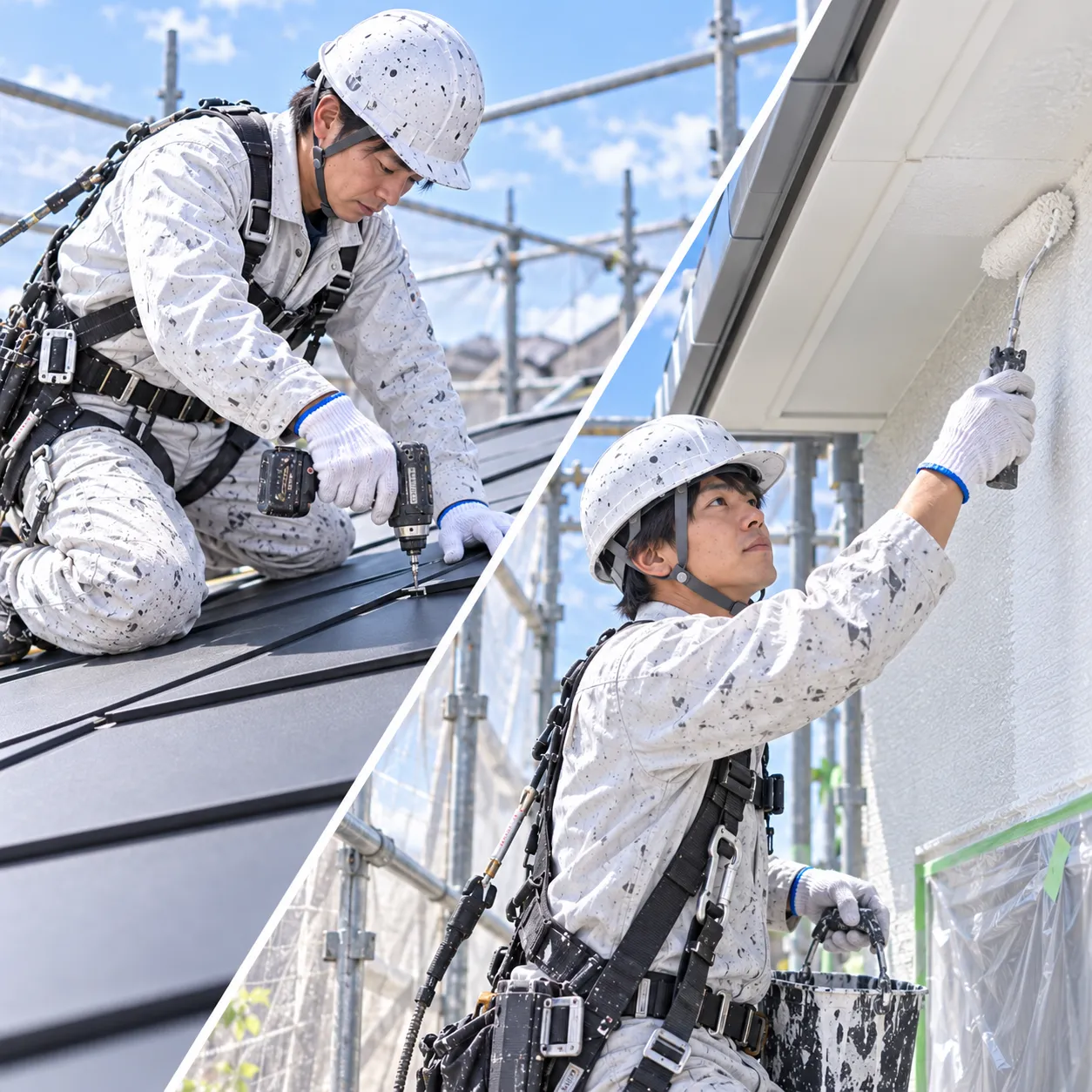 屋根と外壁の工事を行う職人