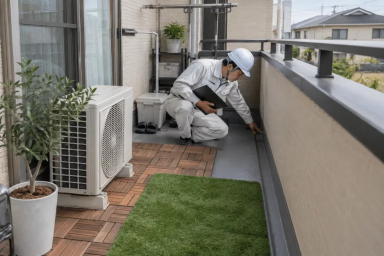 ベランダ上の室外機・洗濯機・敷物の確認
