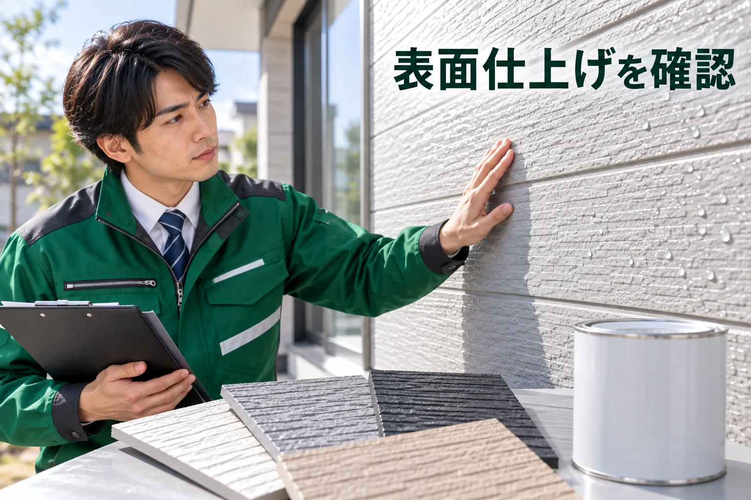 サイディングの表面仕上げと塗料の適合を確認する様子