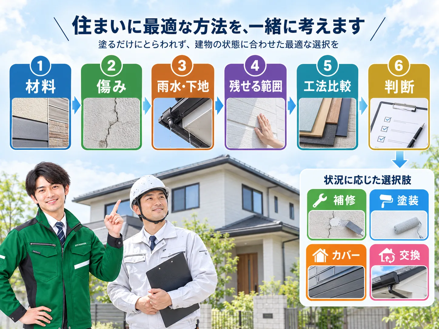 材料から傷みと下地を確認して塗装以外の工法も比較する流れ