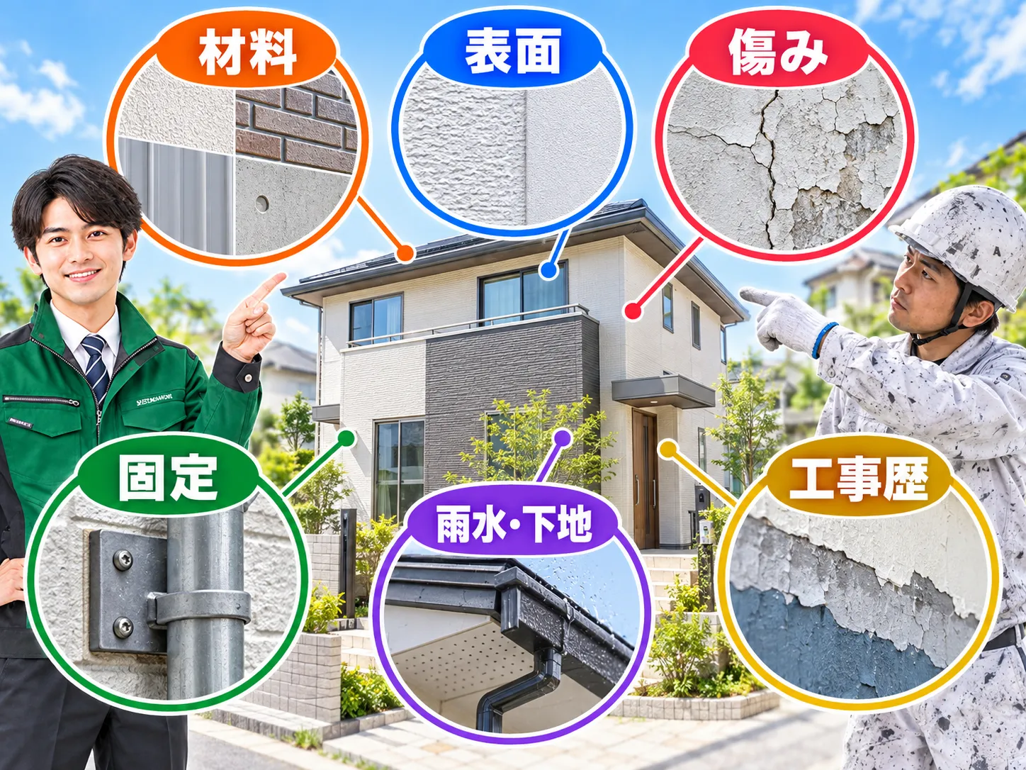 塗装前に材料・表面・傷み・固定・雨水と下地・工事歴を確認する図