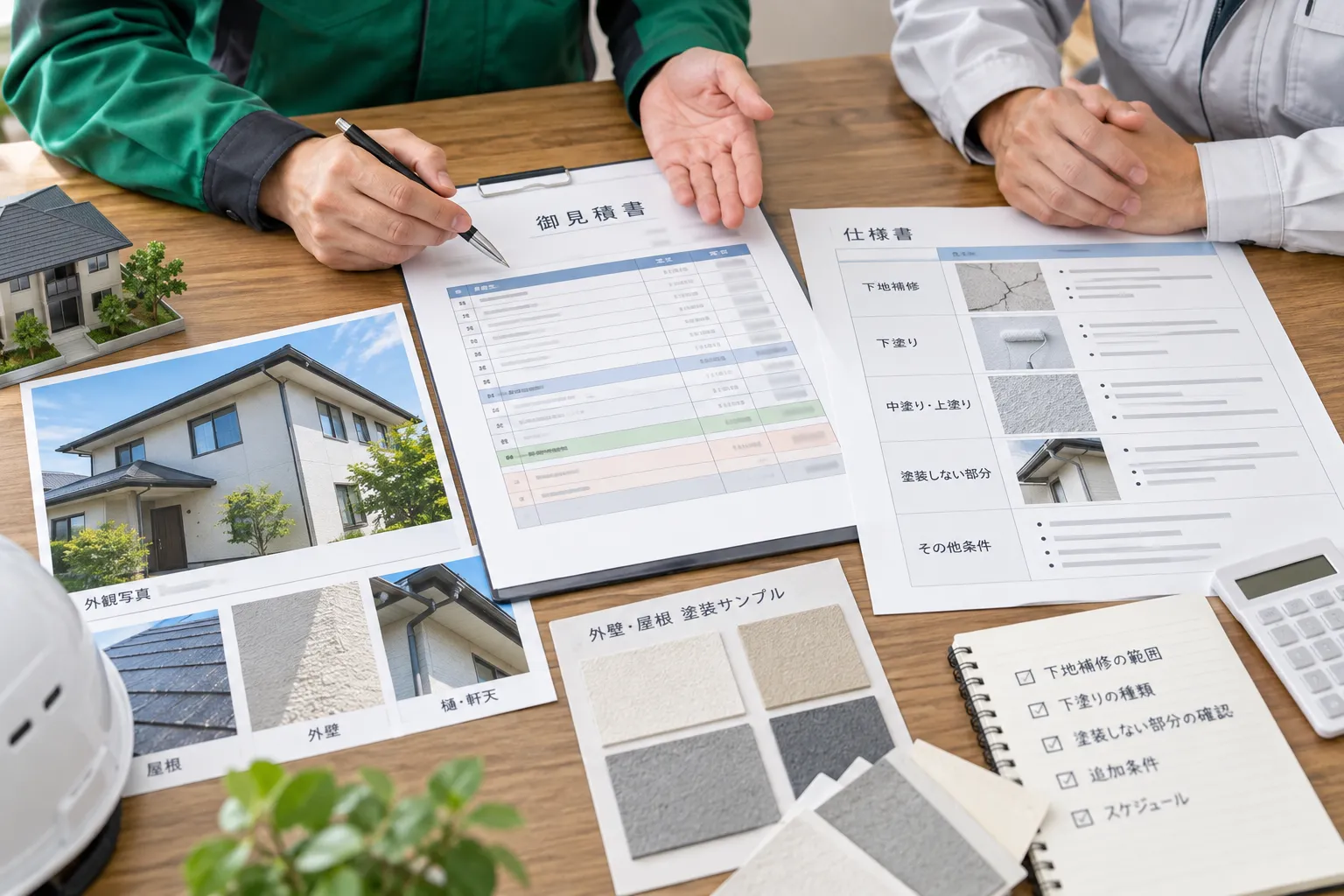 外壁と屋根の写真や材料資料とともに見積書を確認する場面