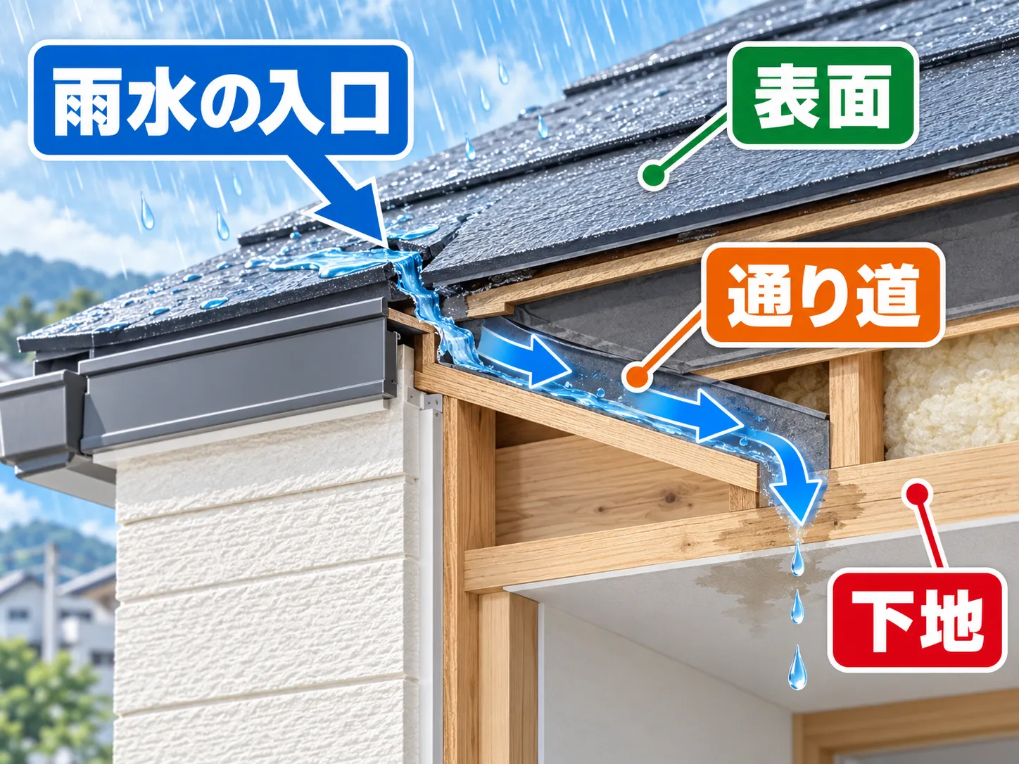 屋根表面から雨水の入口と通り道を経て下地へ至る関係図