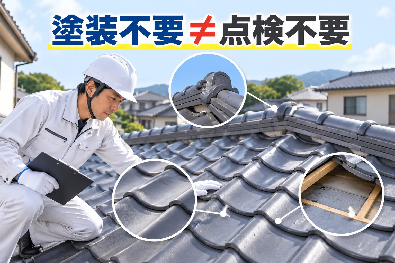 塗装不要な粘土瓦でも点検が必要な箇所を確認する様子