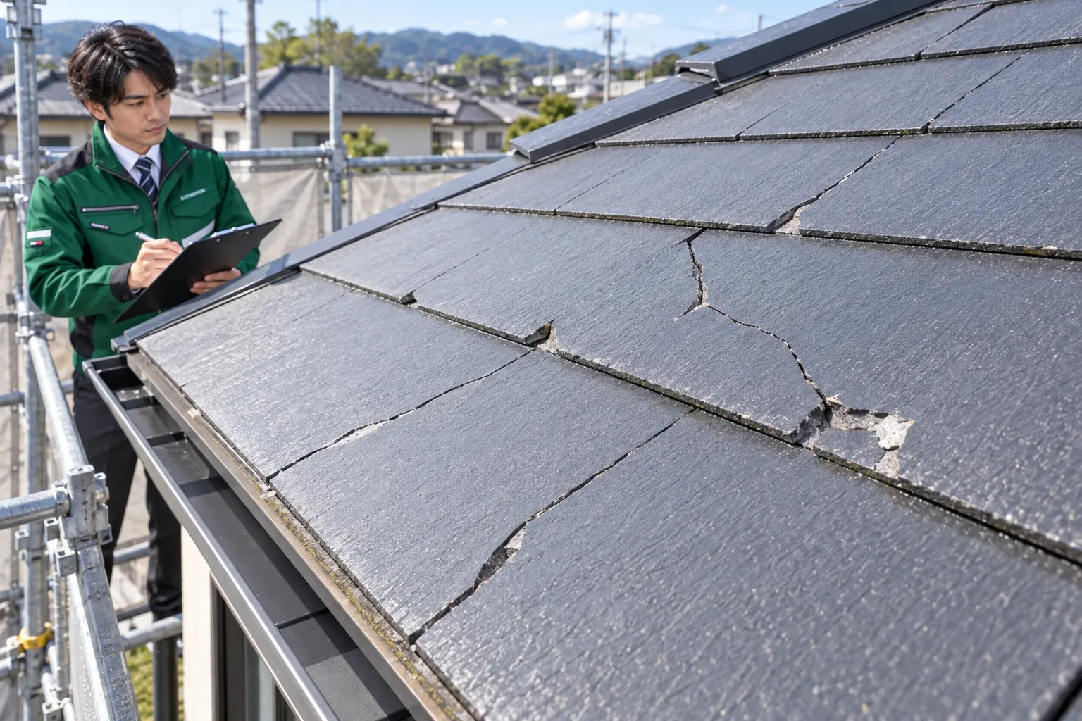 割れや欠けが生じたスレート屋根を調査する様子
