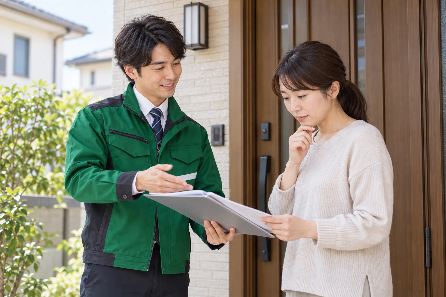 玄関先で資料を受け取り契約内容を持ち帰って検討する場面