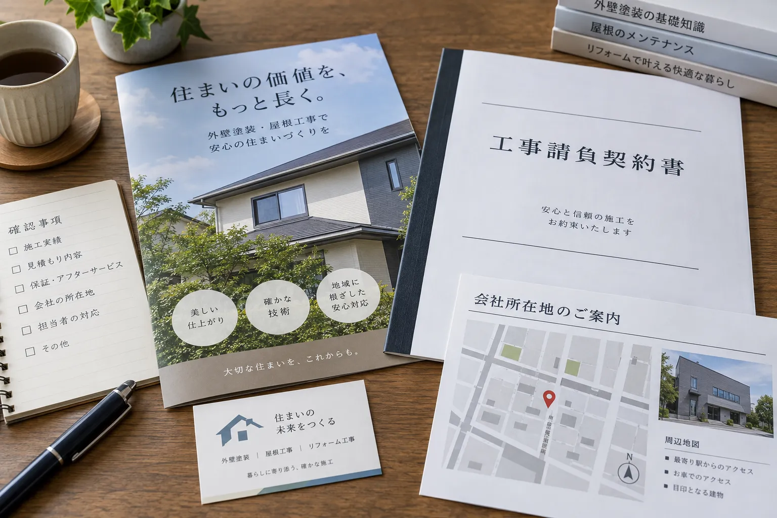 会社案内と契約先の資料を机上で照合する場面