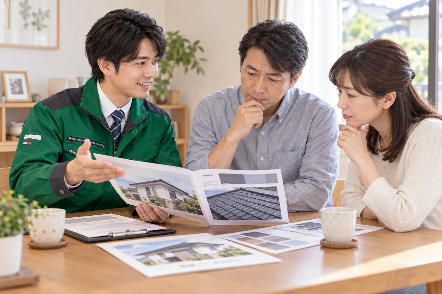 見積書や契約資料を手元に置いて電話で相談する場面