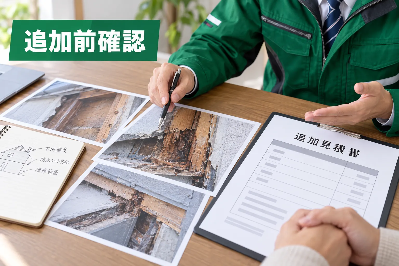 撤去後に分かった下地の状態を写真と資料で説明する場面