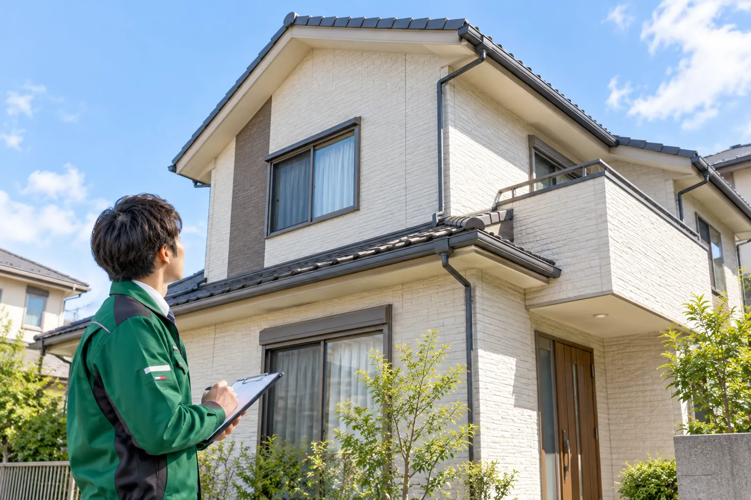 外壁と開口部の範囲を地上から計測する現地調査