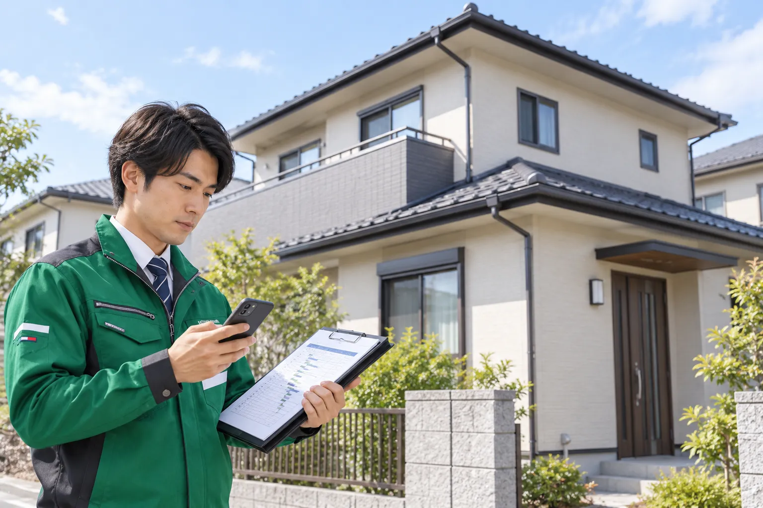住宅工事の現場で連絡と工程を確認する管理担当者