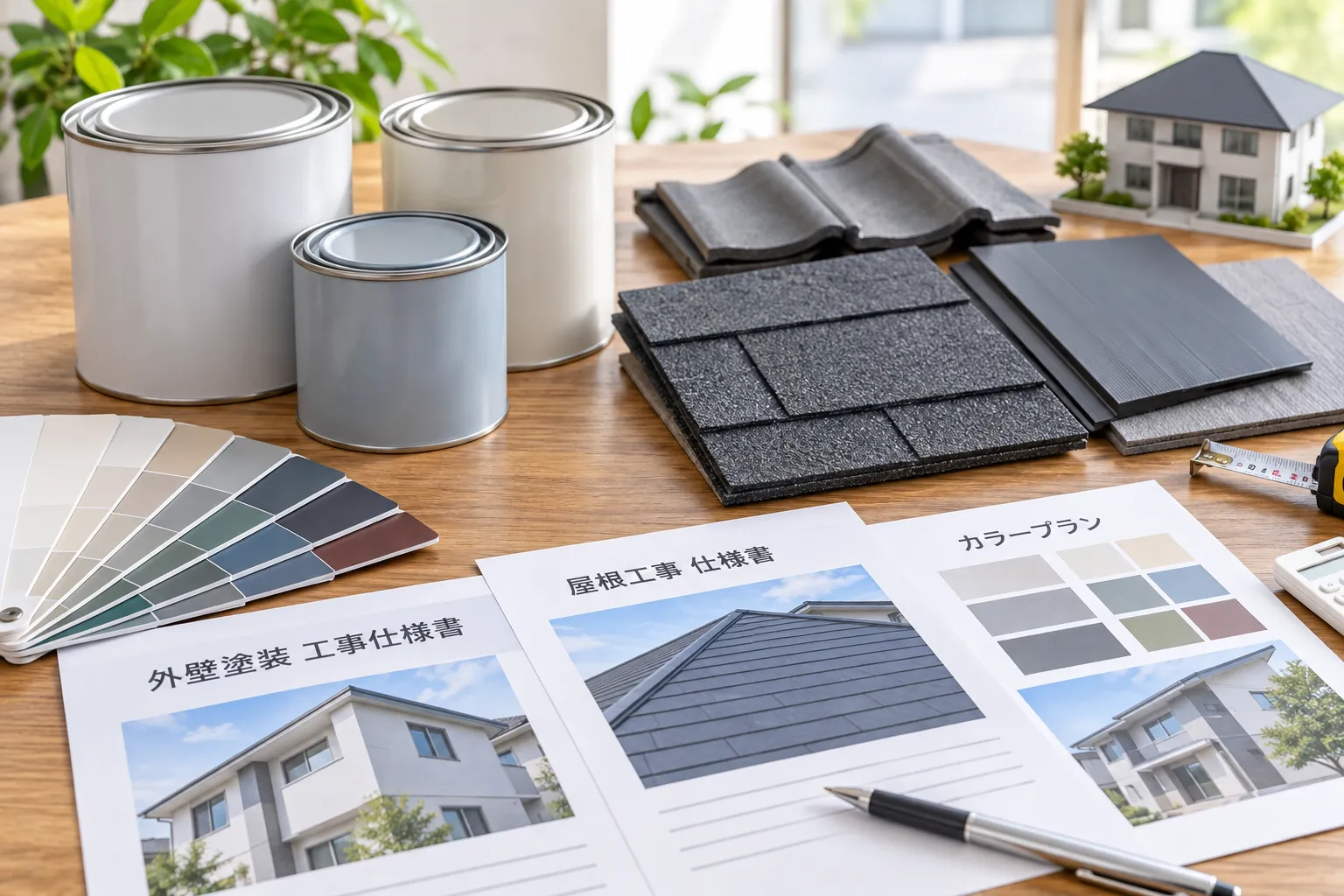 採用する外装材料と施工仕様の資料を並べた場面