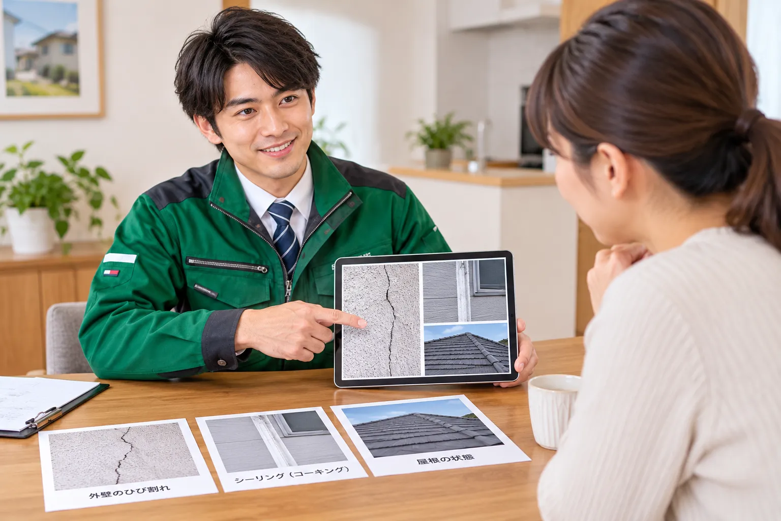 建物全景と傷みの近接写真を使った調査結果の説明