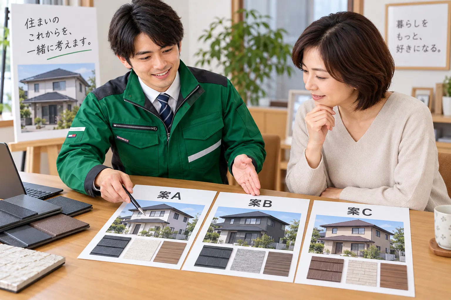 同じ住宅の写真を基に複数の工事案を比べる資料