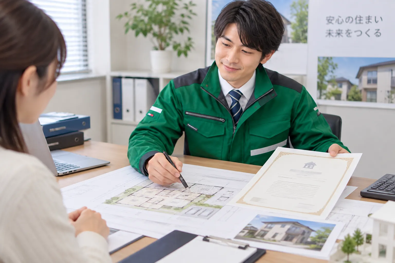 住宅の外壁と図面を照合しながら打ち合わせる現場担当者