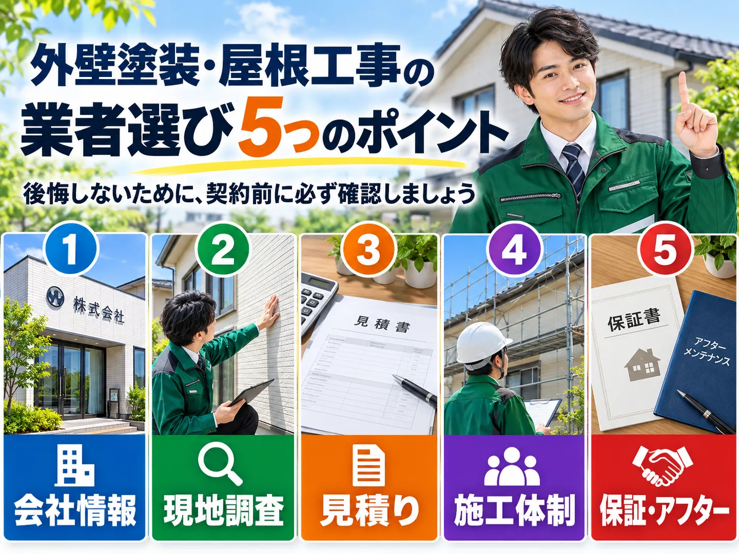 会社情報・現地調査・見積り・施工体制・保証とアフターの5つの判断軸