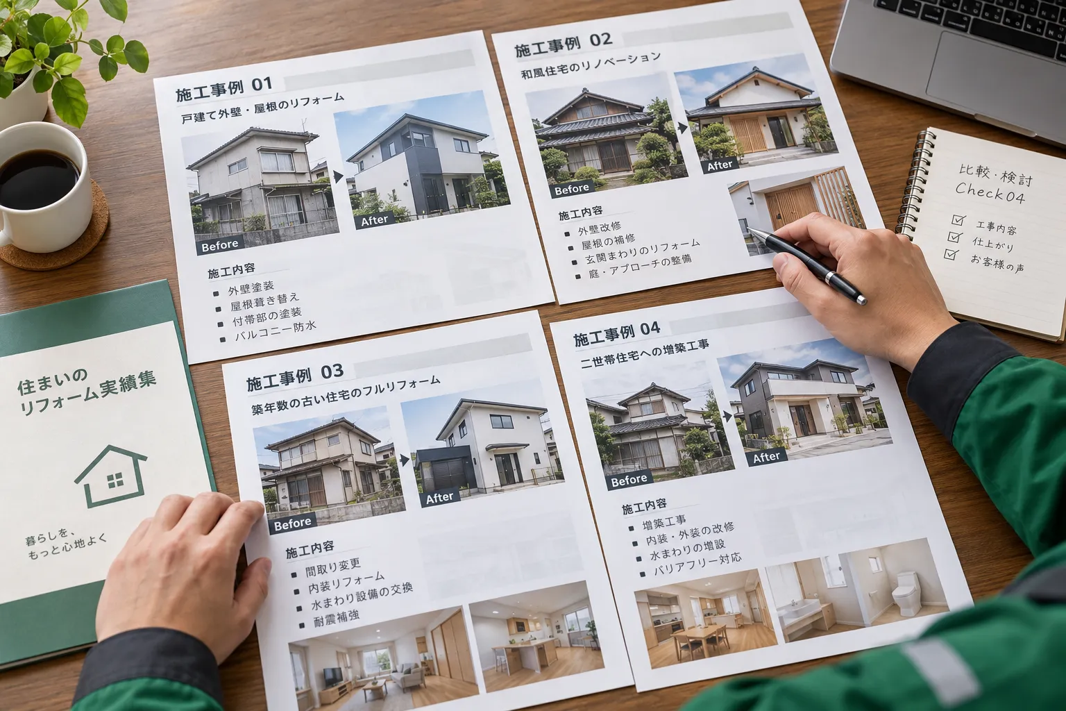住宅の外観と補修過程をまとめた工事事例の資料