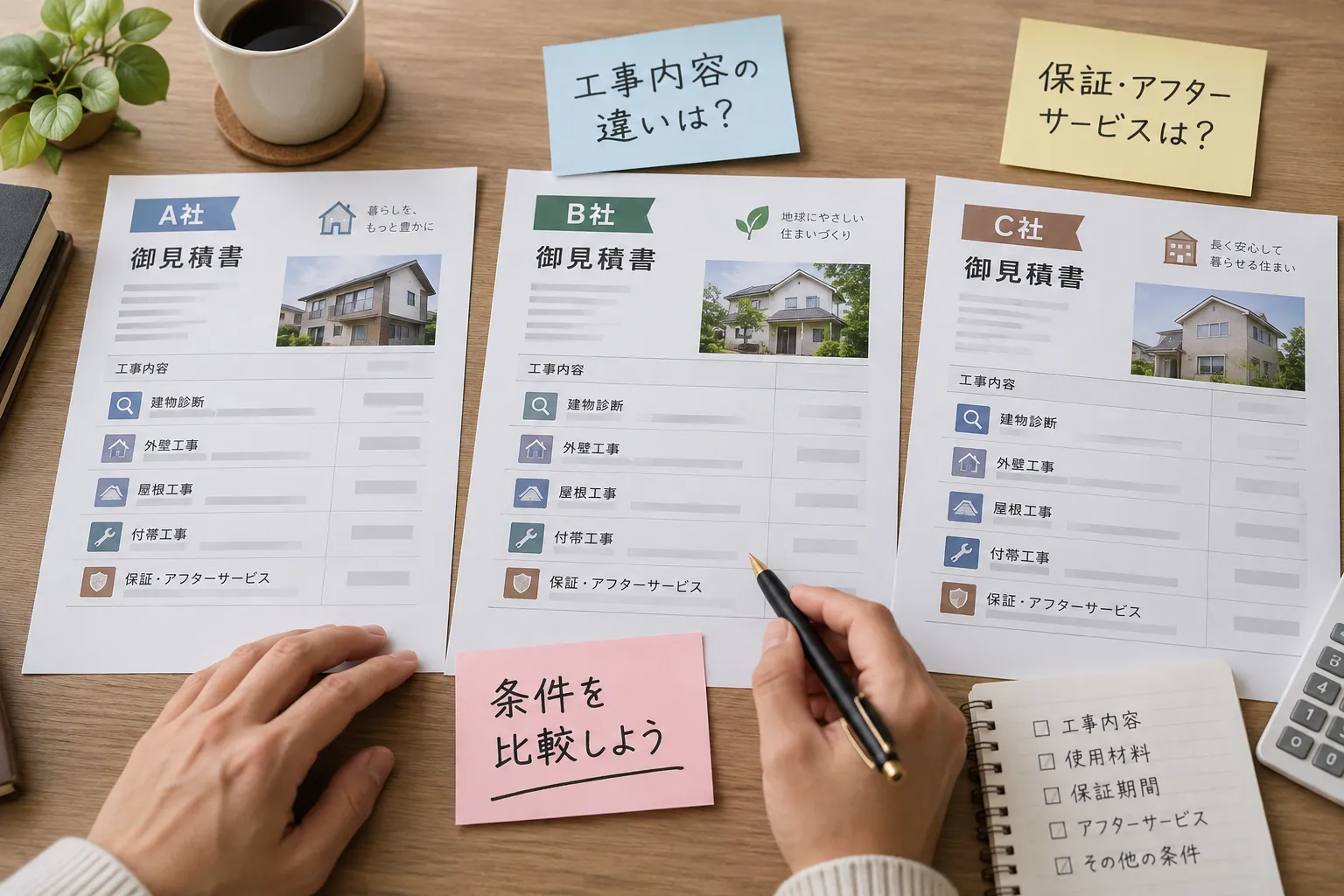 工事内容や保証条件を照合する複数の見積資料