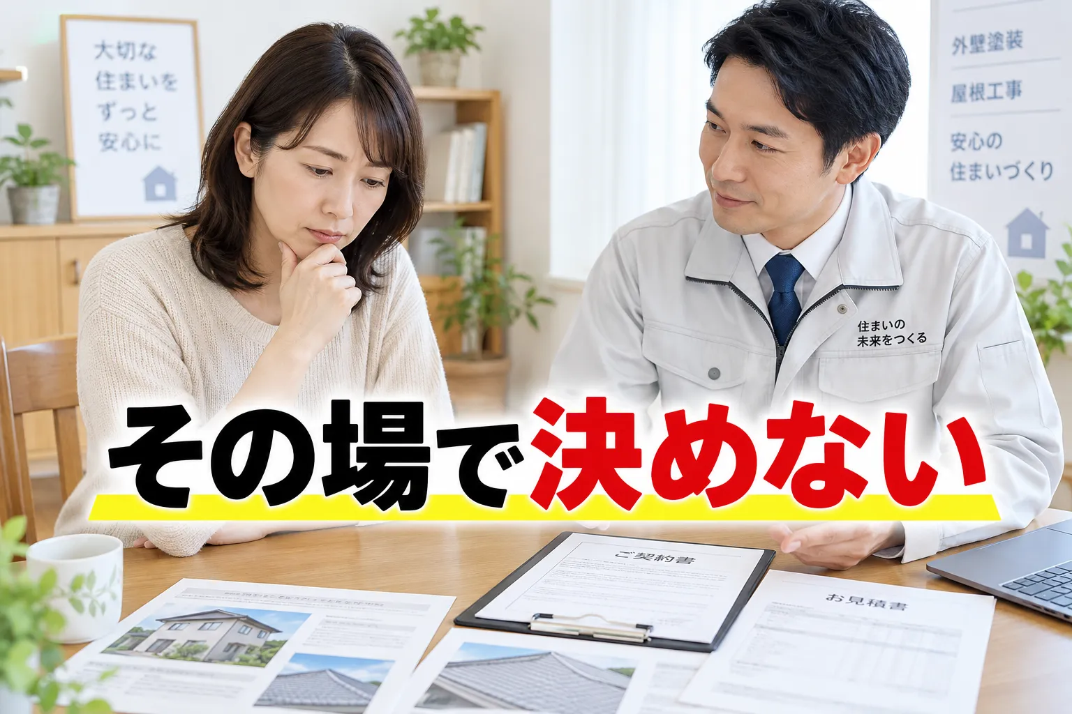 契約書類を前にその場で決めず検討する場面