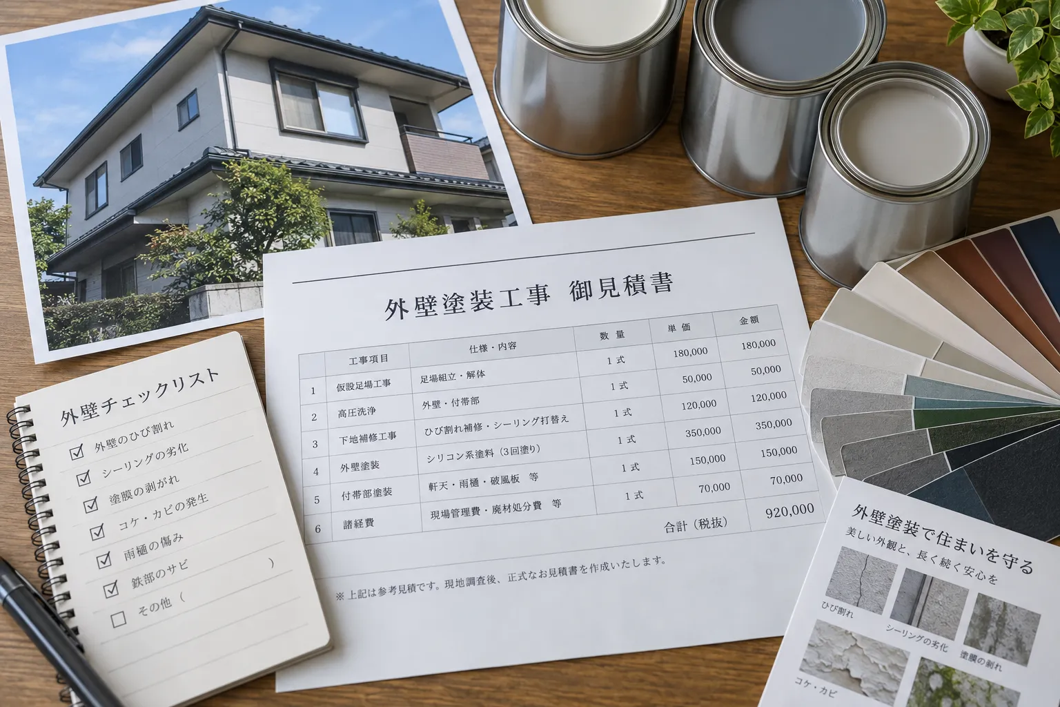 外壁塗装の見積書と塗料・色見本・劣化写真