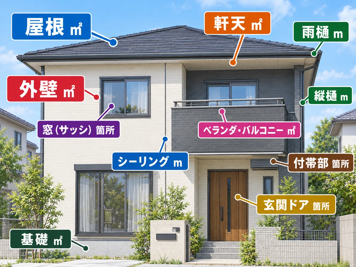 住宅の屋根や外壁、雨樋などの数量単位を示した図