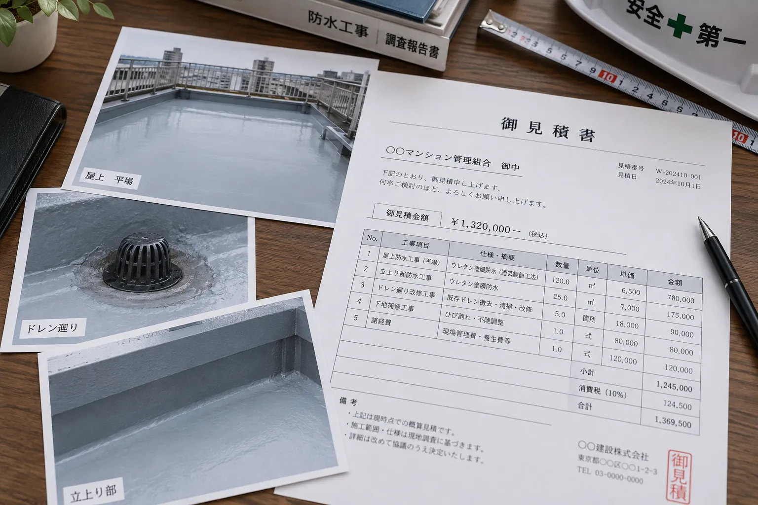 防水工事の平場・立ち上がり・排水口と見積書