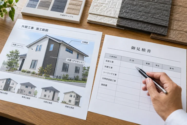 外壁の施工範囲図、工事項目付き見積書、サンプルを机上で確認する写真。資料を大きく写す。
