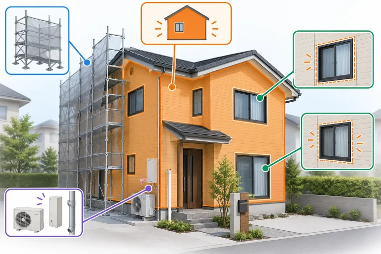 木造2階建て住宅の外壁全面を色分けし、足場・窓まわり・設備復旧も施工範囲に関わることを示す。