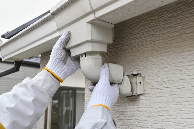 雨樋や外壁に付く軽微な部材を外し、復旧位置を確認する手元。ガス・電気を無造作に外す場面にはしない。