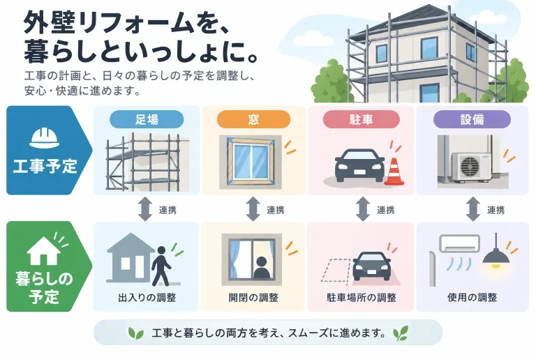 工事予定と暮らしの予定を上下2段で示し、足場・窓・駐車・設備利用の調整を伝える工程図。