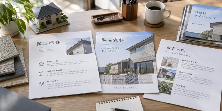 横長の机上に保証内容の説明書、製品資料、お手入れ案内を置く。文字は短い見出し程度。