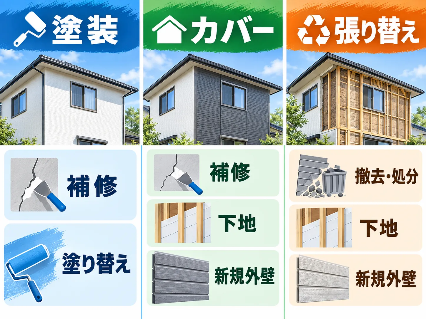 補修・塗り替え・下地・新規外壁・撤去処分など工法によって異なる作業
