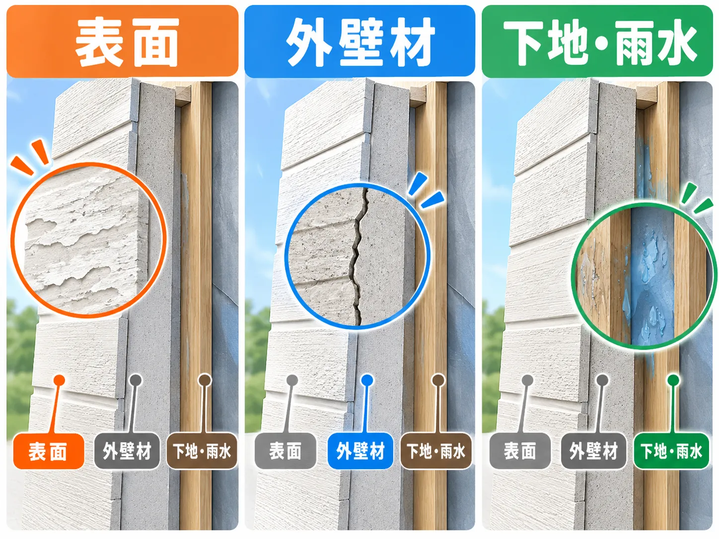 外壁の表面・外壁材・下地や雨水の影響を区別する図