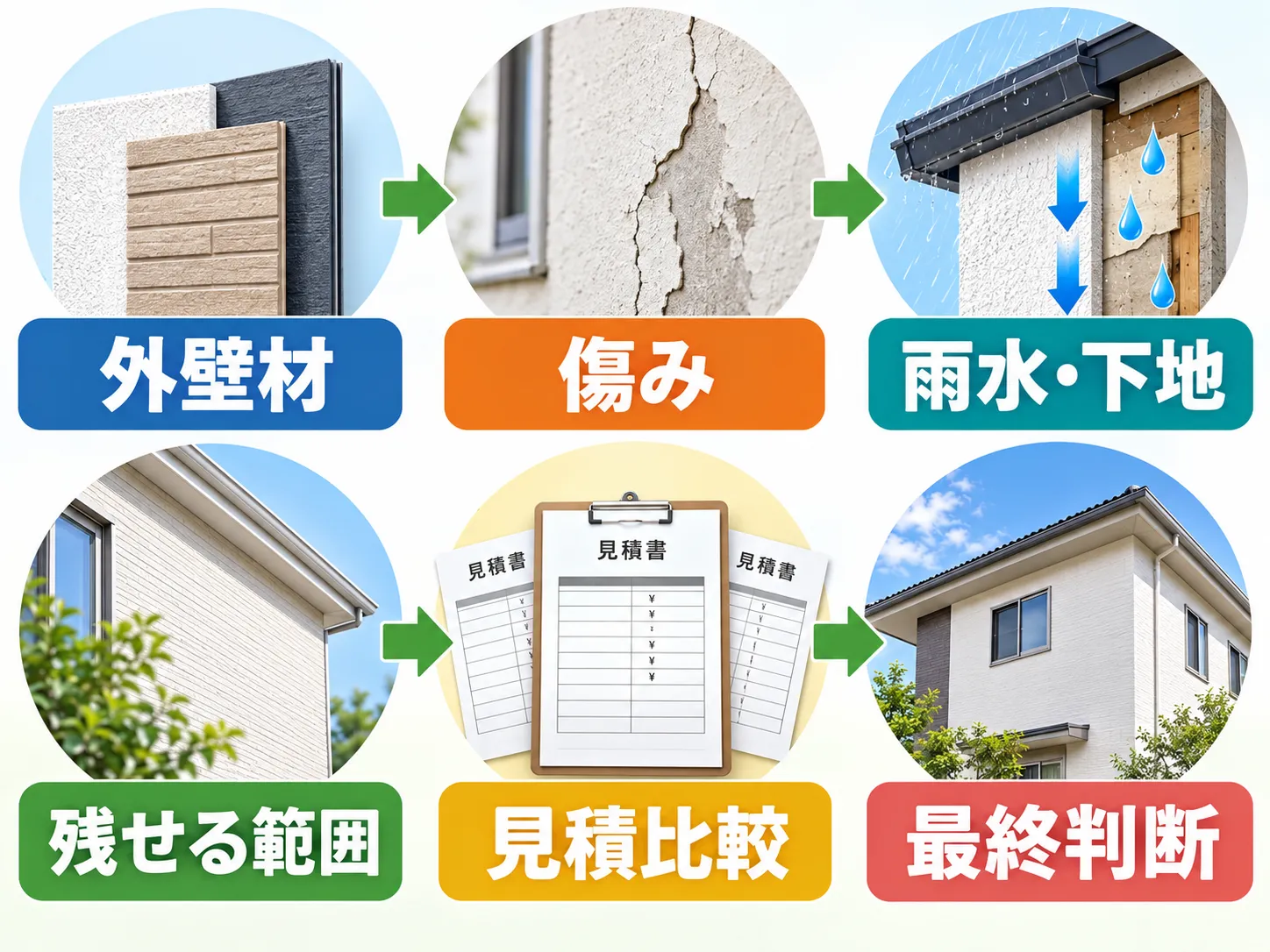 外壁材・傷み・雨水と下地・残せる範囲・見積比較・最終判断の六手順