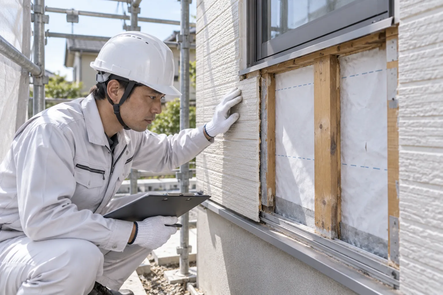 外壁材を外して、その範囲の防水部分と下地を点検する張り替え工事