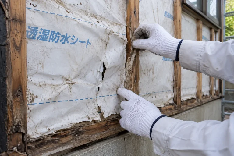外壁内側の防水層を確認する場面