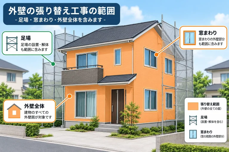 外壁張り替えの想定施工範囲を示す写真