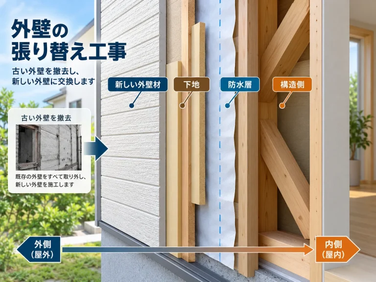 外壁を撤去して下地を確認する施工場面