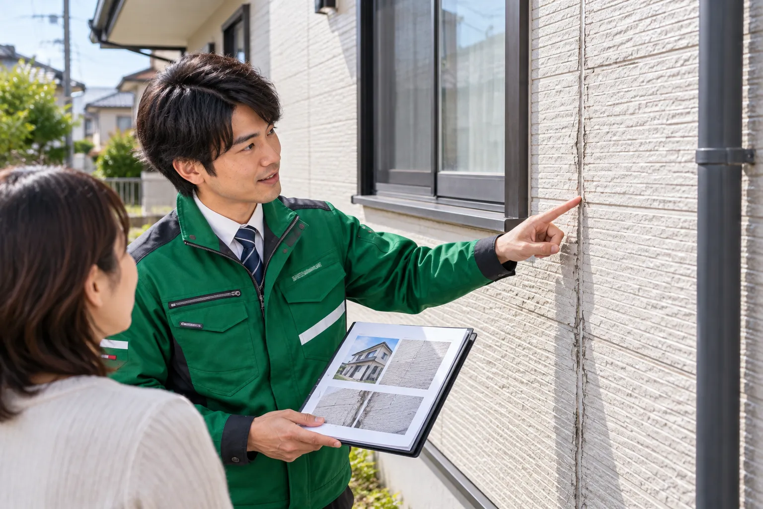 スタッフが外壁を現地調査し写真と資料を確認する様子