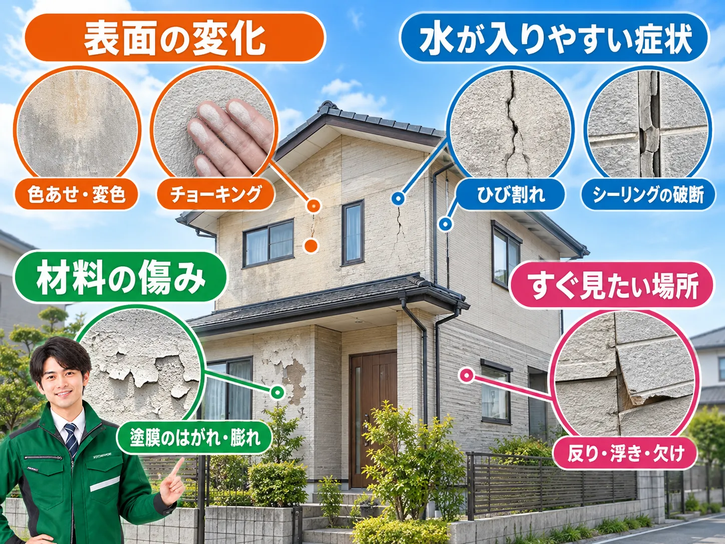 外壁の表面変化・雨水の入口・材料の傷みを整理した図