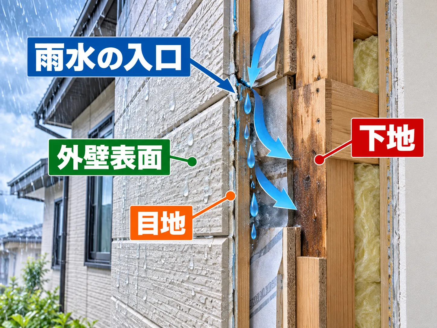 外壁表面から雨水の入口と下地へ至る関係図