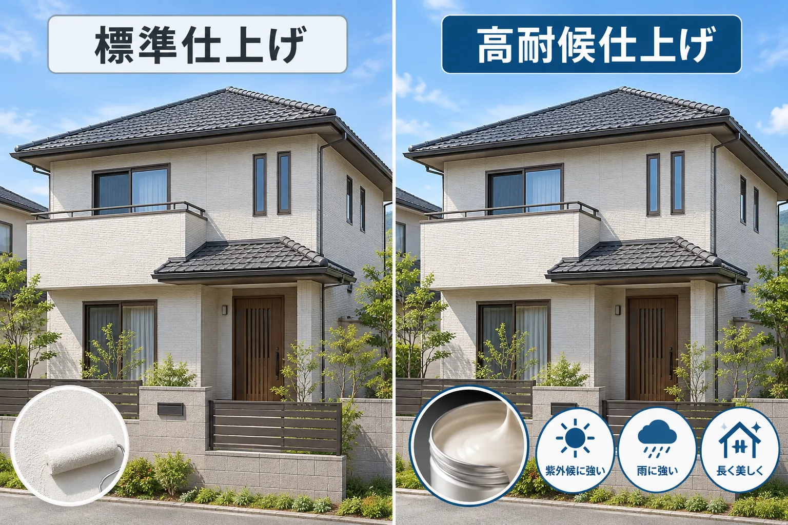 同じ住宅の標準仕上げと高耐候仕上げの比較イメージ