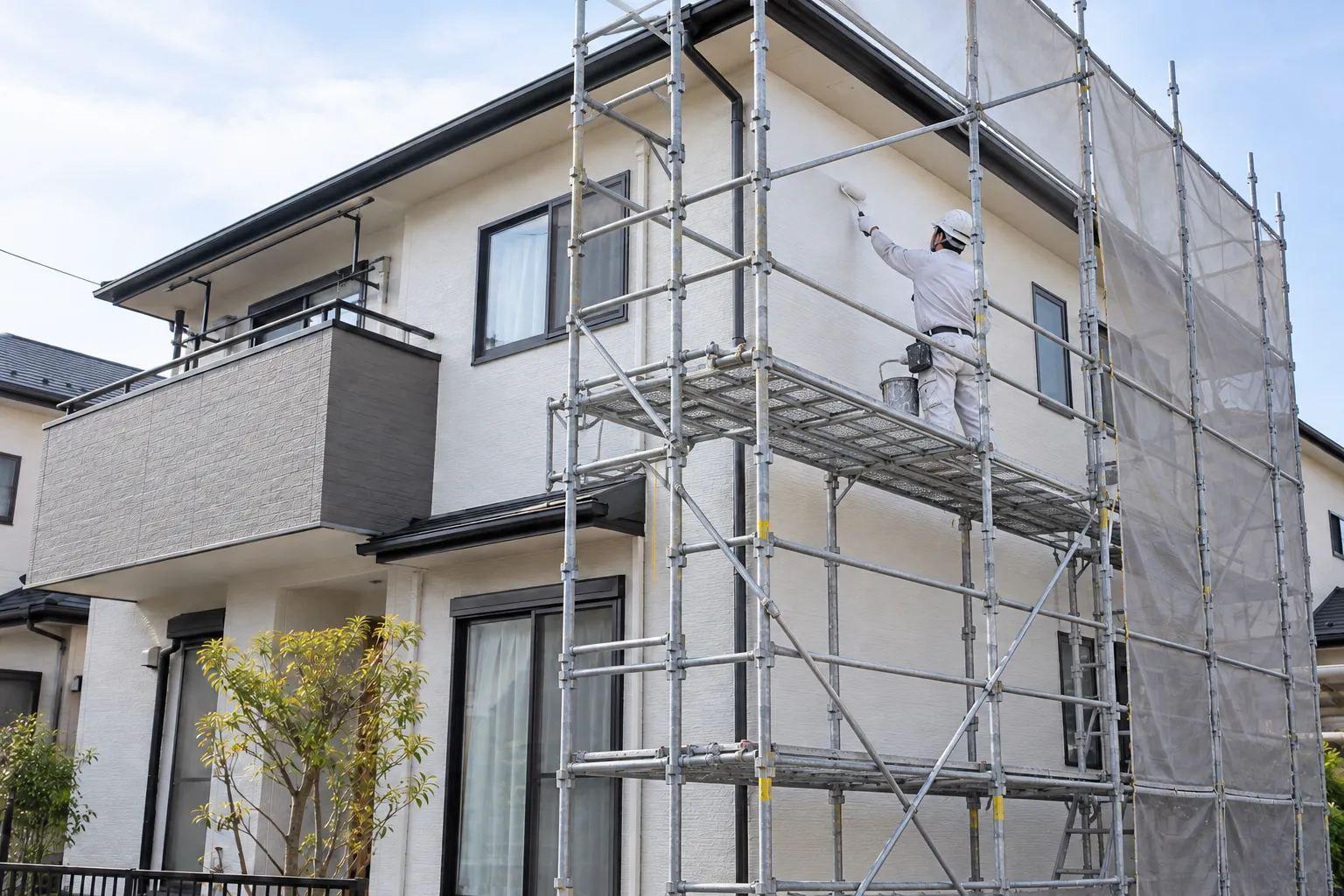 足場上で外壁を塗装する住宅イメージ