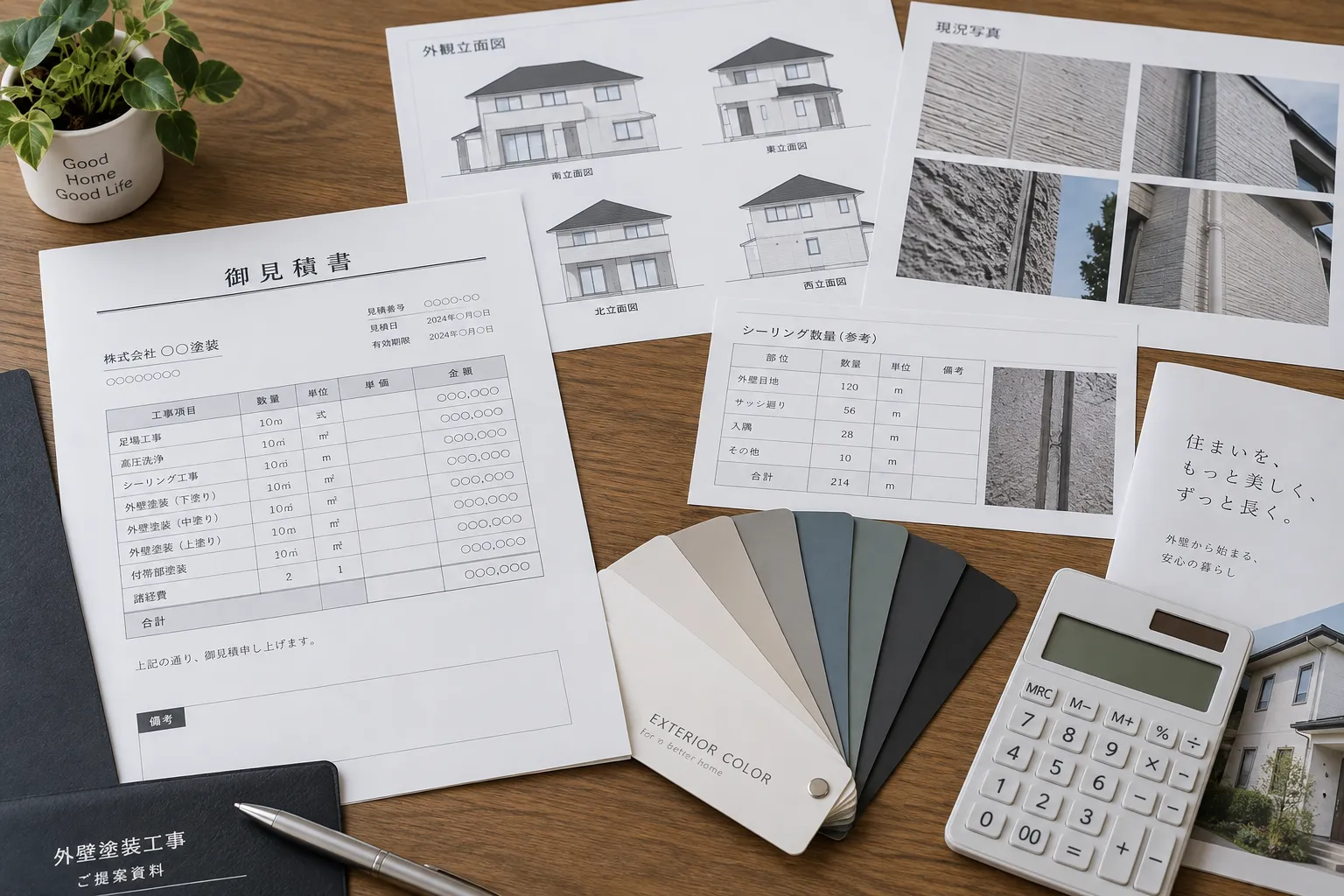 外壁塗装の見積書と立面図、現況写真、色見本