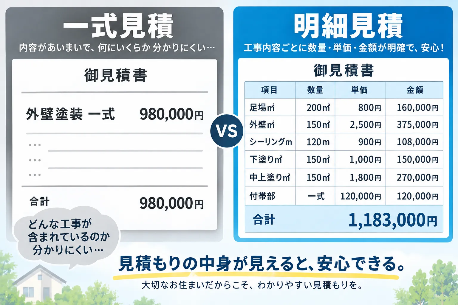 一式見積りと数量が分かる明細見積りの比較