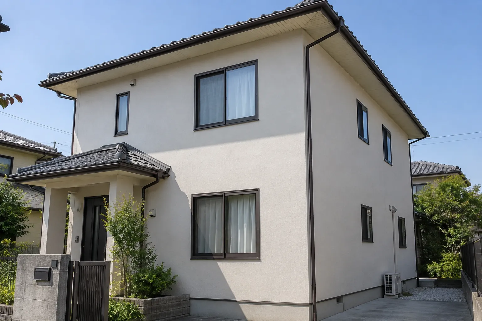目地が少ないシンプルな外壁の二階建て住宅