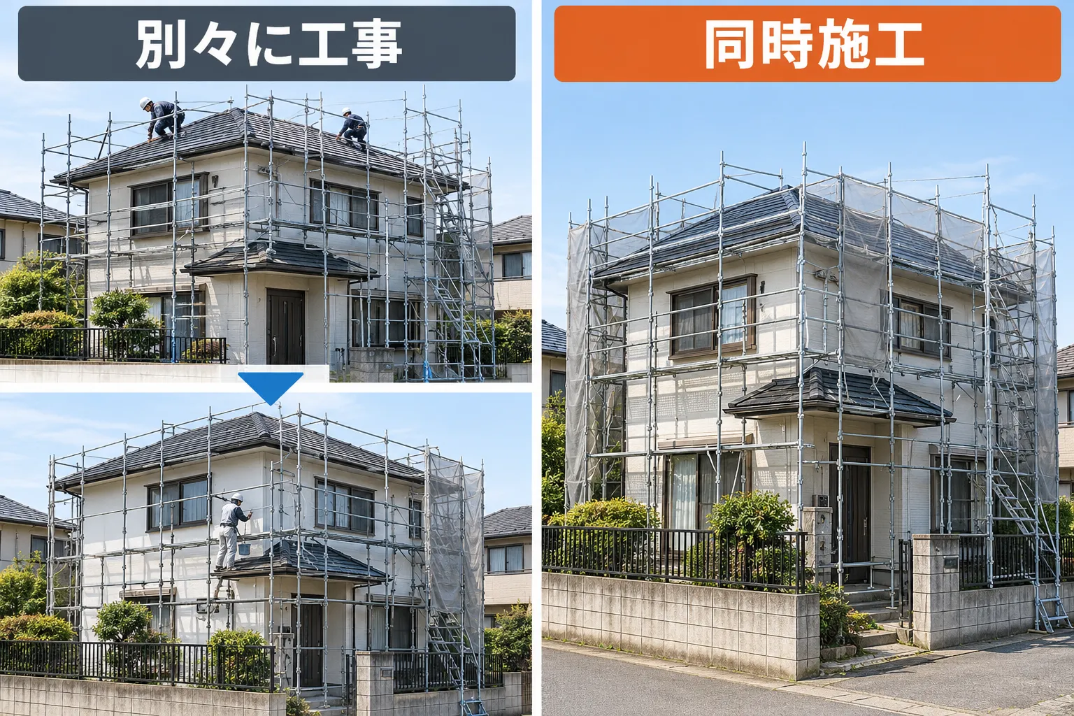 外壁と屋根を別々に工事する場合と同時施工の比較