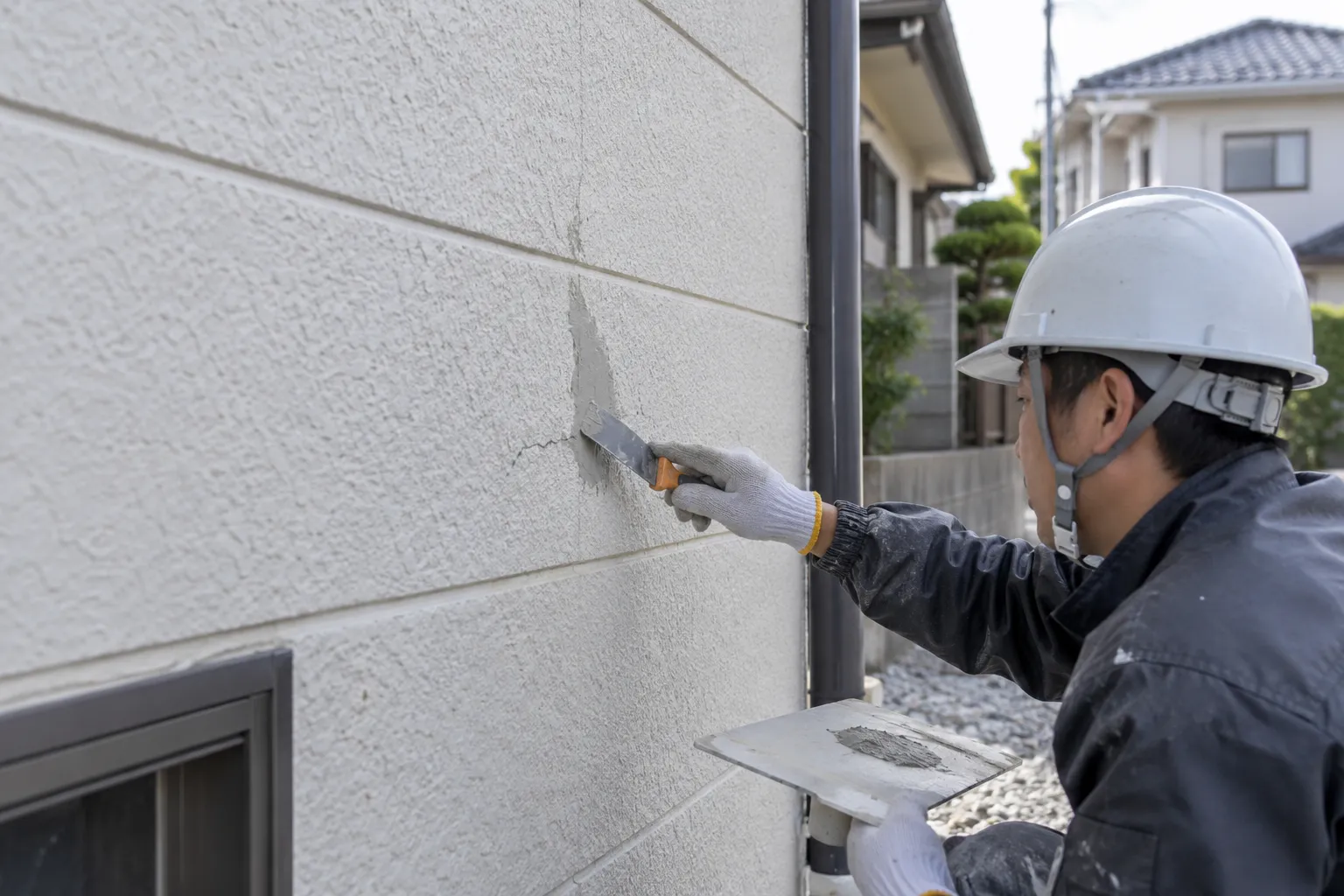 外壁の軽微なひび割れを補修する職人