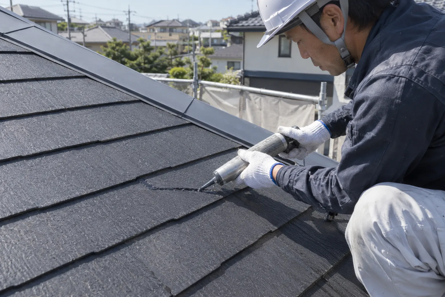 スレート屋根のひび割れを補修する職人