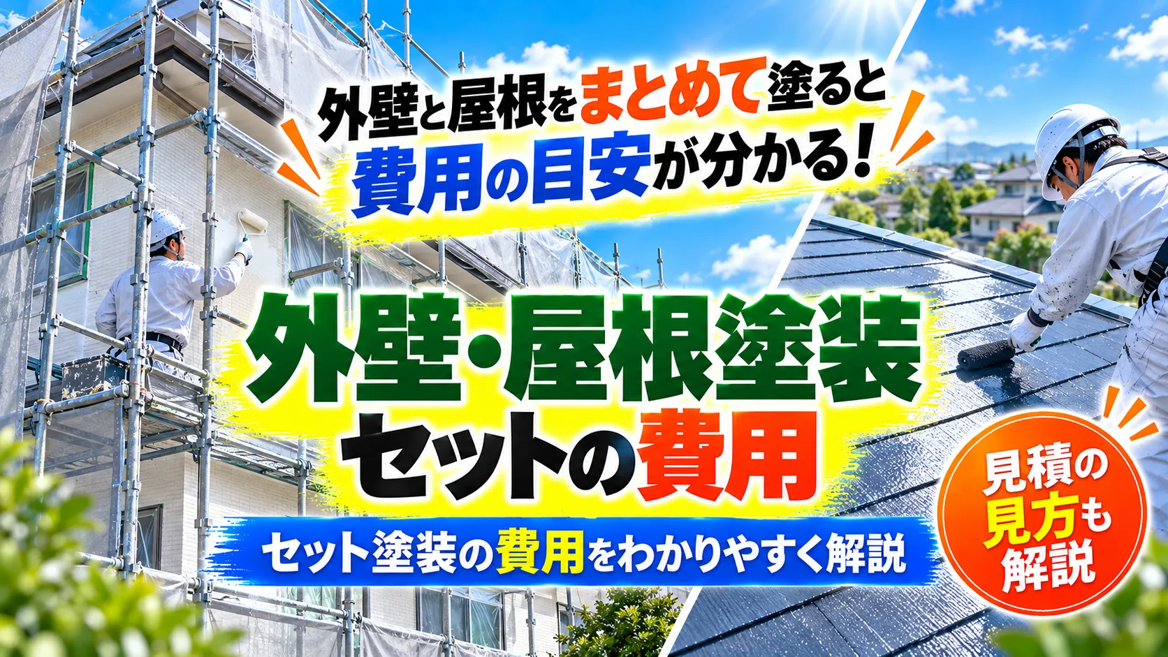足場上で外壁と屋根を同時に塗装する職人と住宅